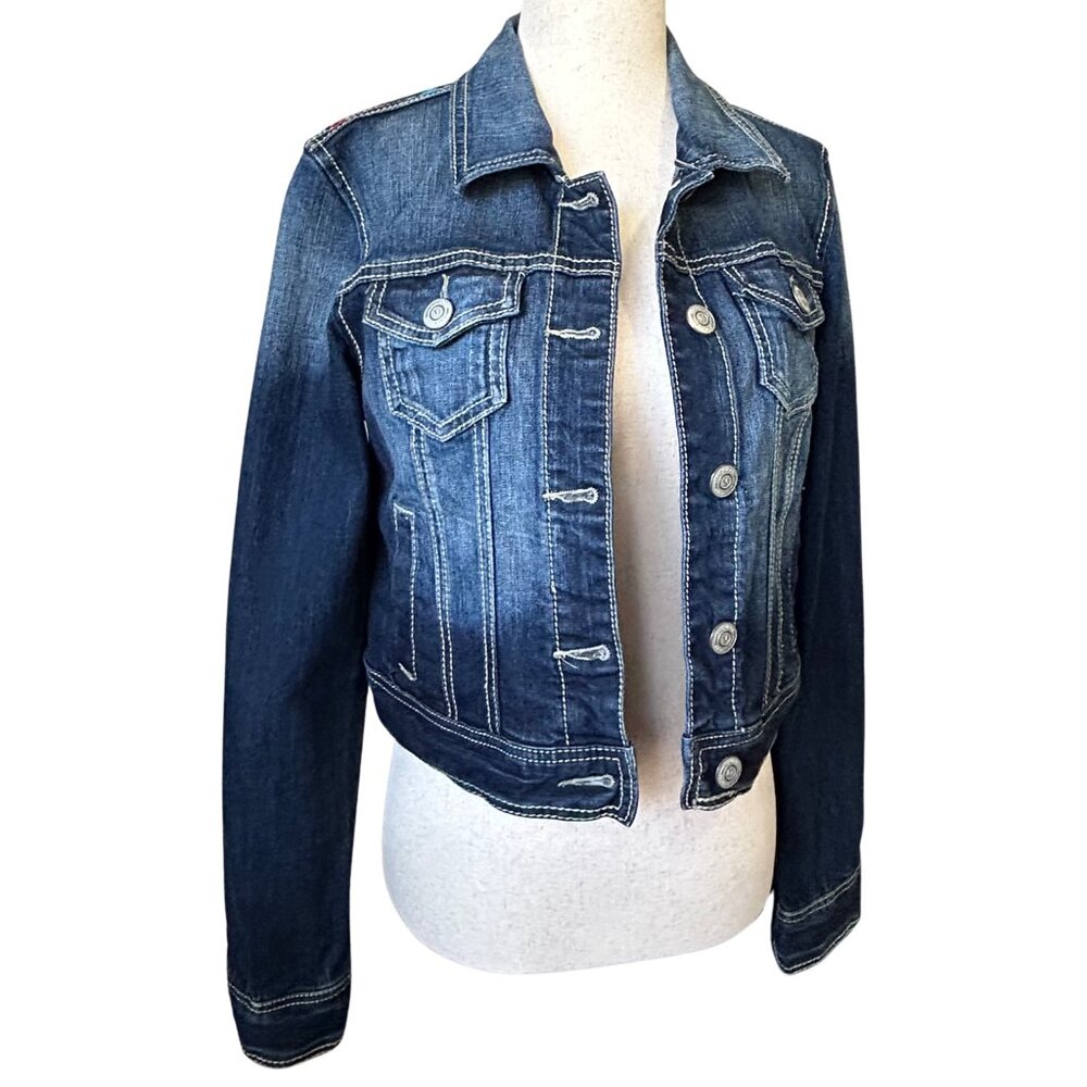 Maurices Aztec Embroidered Boho Dark Wash Cotton Cropped Denim Jacket - M - Blue
